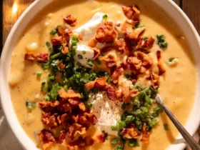 A steaming bowl of loaded baked potato soup topped with crispy bacon bits, shredded cheddar cheese, and fresh chives, served in a white ceramic bowl on a rustic wooden table