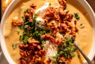 A steaming bowl of loaded baked potato soup topped with crispy bacon bits, shredded cheddar cheese, and fresh chives, served in a white ceramic bowl on a rustic wooden table