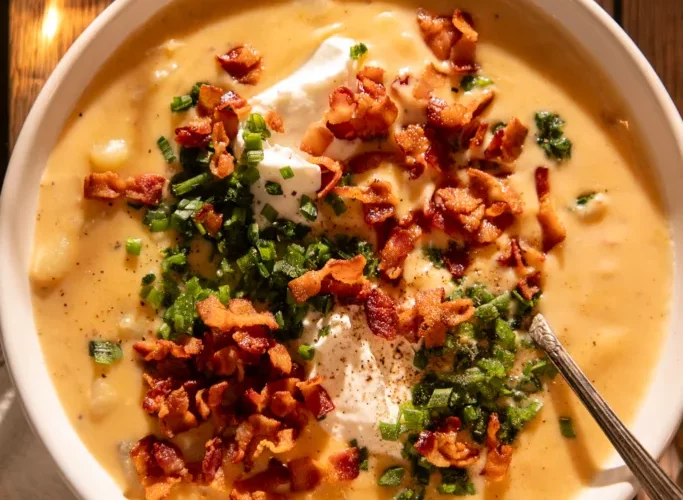 A steaming bowl of loaded baked potato soup topped with crispy bacon bits, shredded cheddar cheese, and fresh chives, served in a white ceramic bowl on a rustic wooden table