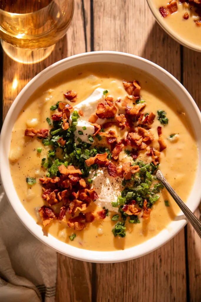 A steaming bowl of loaded baked potato soup topped with crispy bacon bits, shredded cheddar cheese, and fresh chives, served in a white ceramic bowl on a rustic wooden table