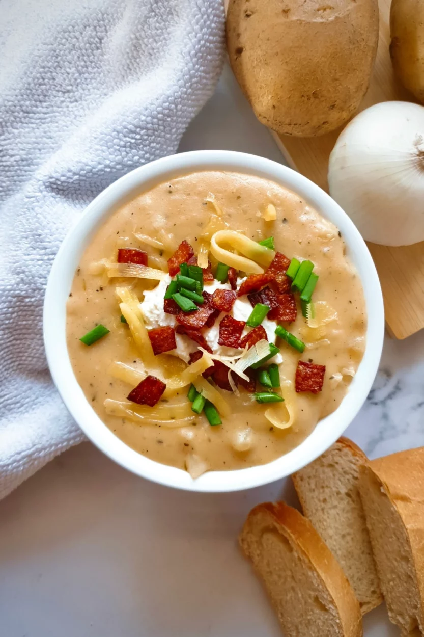 A close-up shot of loaded baked potato soup in a white bowl, garnished with a generous pile of crispy bacon crumbles, bright orange shredded cheddar, and vibrant green chives, with a drizzle of sour cream on top