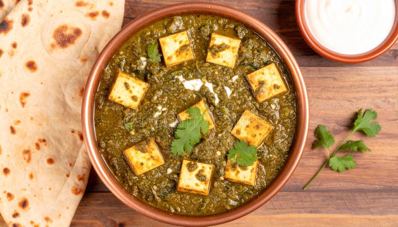 Palak Paneer served in a dark bowl with golden paneer cubes nestled in vibrant green spinach sauce, garnished with a swirl of cream and fresh ginger julienne, shot overhead on a wooden table with naan bread alongside
