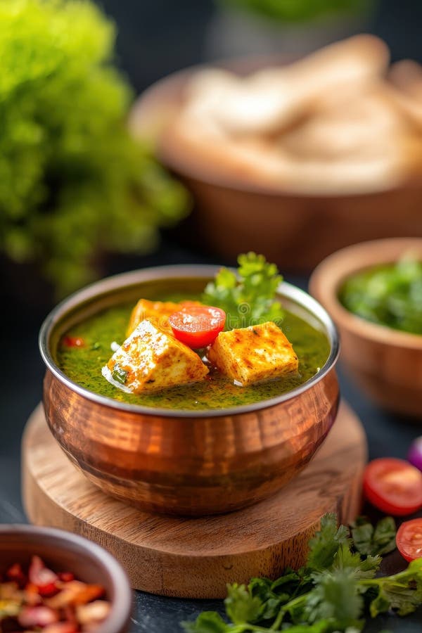 Close-up of Palak Paneer in a copper serving bowl with a cube of golden-fried paneer broken open to show its soft interior, cream swirled on top, dried fenugreek leaves scattered over the surface, with a piece of torn naan visible at the edge of the frame