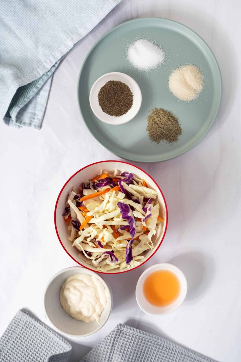 A flat lay of Southern coleslaw ingredients including shredded green and red cabbage, a bowl of creamy mayo dressing, apple cider vinegar bottle, Dijon mustard jar, celery seeds, and fresh carrots on a white marble surface