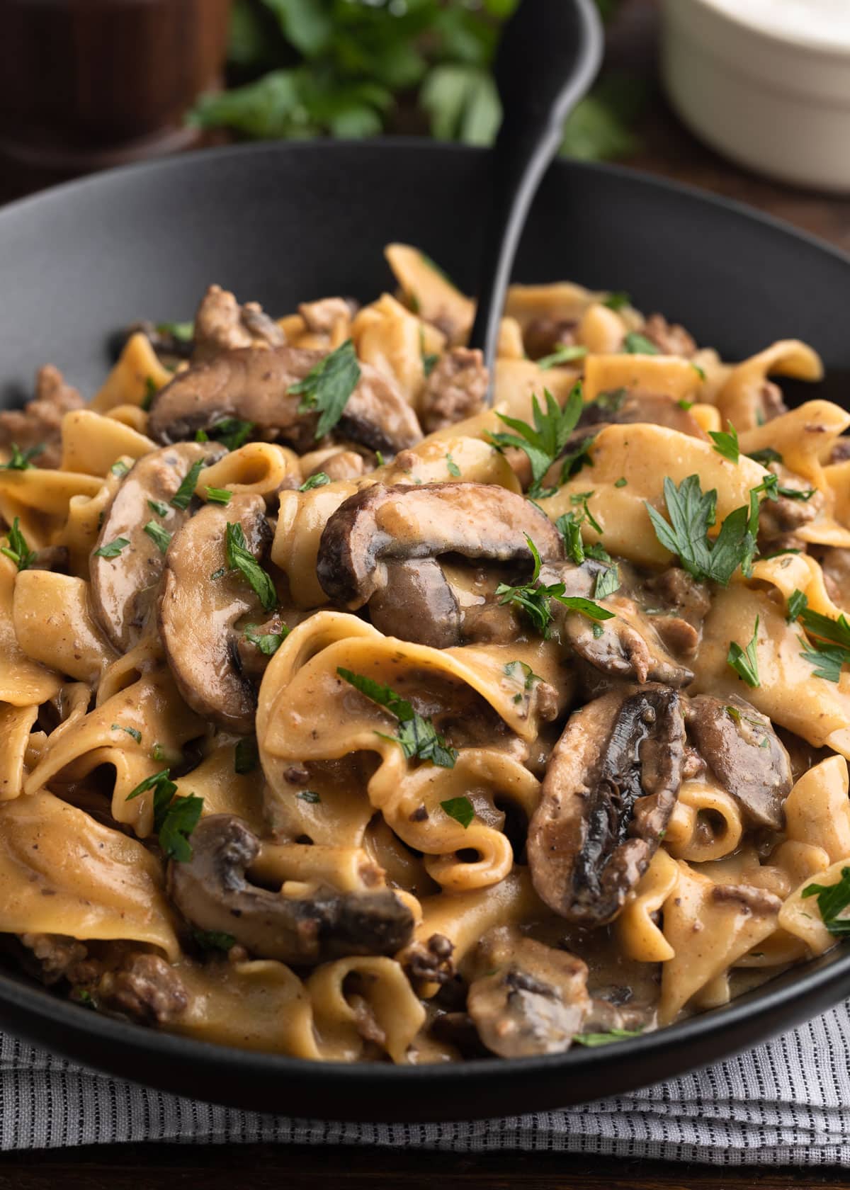 Close-up of beef stroganoff sauce coating egg noodles, with tender beef strips and golden mushrooms visible, garnished with chopped parsley