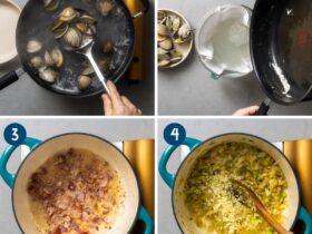 Step-by-step process shot showing bacon rendering in a Dutch oven alongside bowls of chopped clams, diced potatoes, cream, and aromatics