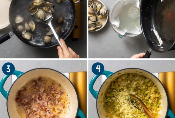 Step-by-step process shot showing bacon rendering in a Dutch oven alongside bowls of chopped clams, diced potatoes, cream, and aromatics