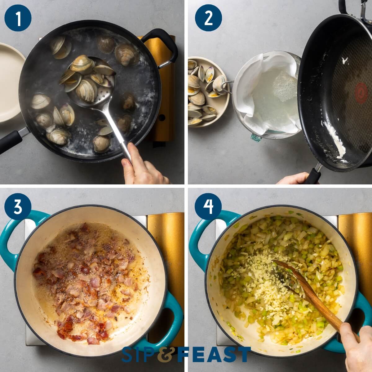 Step-by-step process shot showing bacon rendering in a Dutch oven alongside bowls of chopped clams, diced potatoes, cream, and aromatics