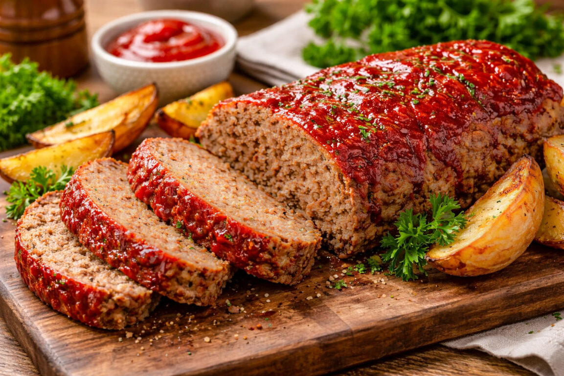 Classic glazed meatloaf sliced on a wooden cutting board with a glossy ketchup glaze and fresh parsley garnish