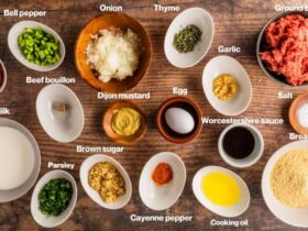 Overhead shot of meatloaf ingredients including ground beef, breadcrumbs, eggs, Worcestershire sauce, onion, and glaze ingredients arranged on a kitchen counter