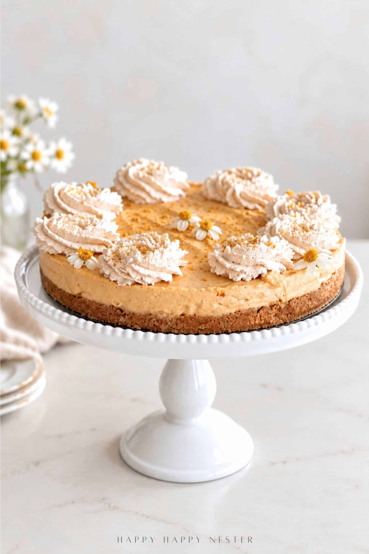 Whole no bake pumpkin cheesecake on a cake stand with whipped cream swirls and a dusting of cinnamon