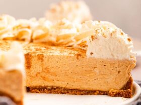 Close-up slice of no bake pumpkin cheesecake on a plate showing the creamy orange filling and graham cracker crust layers