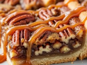 Pecan pie bars cut into neat squares on a wooden board, golden shortbread crust visible, glossy caramel pecan topping catching the light
