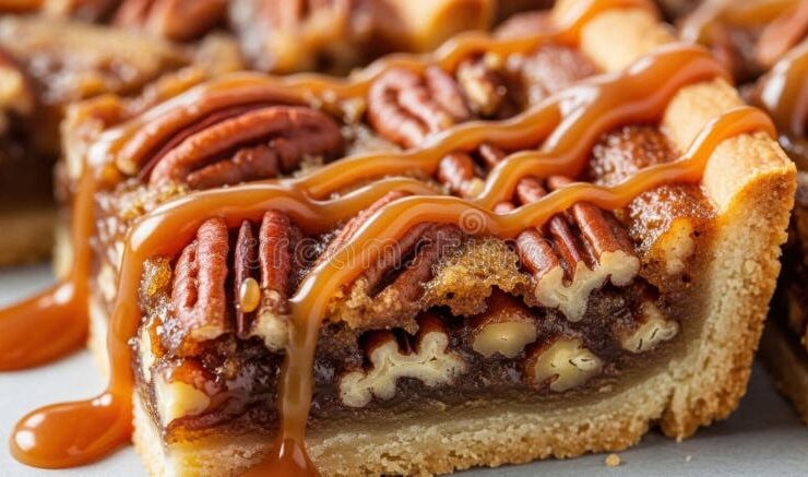 Pecan pie bars cut into neat squares on a wooden board, golden shortbread crust visible, glossy caramel pecan topping catching the light
