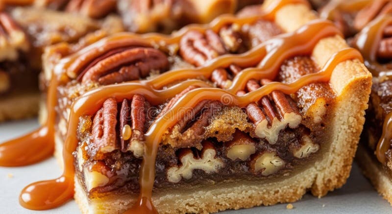 Pecan pie bars cut into neat squares on a wooden board, golden shortbread crust visible, glossy caramel pecan topping catching the light