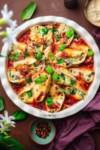 Stuffed shells baked in marinara with bubbling mozzarella and fresh basil on top, served in a rustic baking dish
